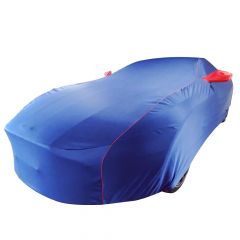 Custom tailored indoor car cover Aston Martin DB11 Coupe Navy Blue with red mirror pockets and piping