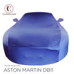 Custom tailored indoor car cover Aston Martin DB11 Coupe Navy Blue with pockets and red mirror piping