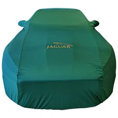 Maßgeschneiderte indoor Autoabdeckung Jaguar F-Type cabrio Goodwood Green mit logo, Paspelierung und Spiegeltaschen