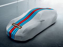 Custom tailored indoor car cover Porsche Cayman with mirror pockets and Martini design
